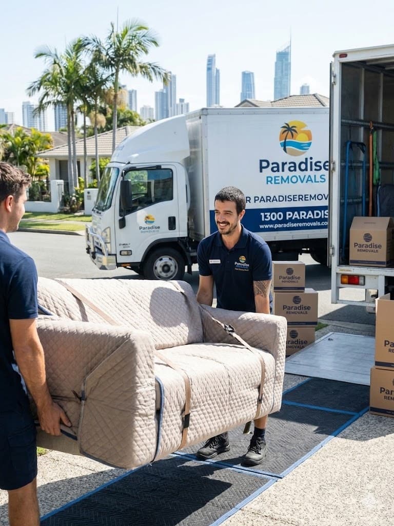 Paradise Removals team members standing in front of moving truck